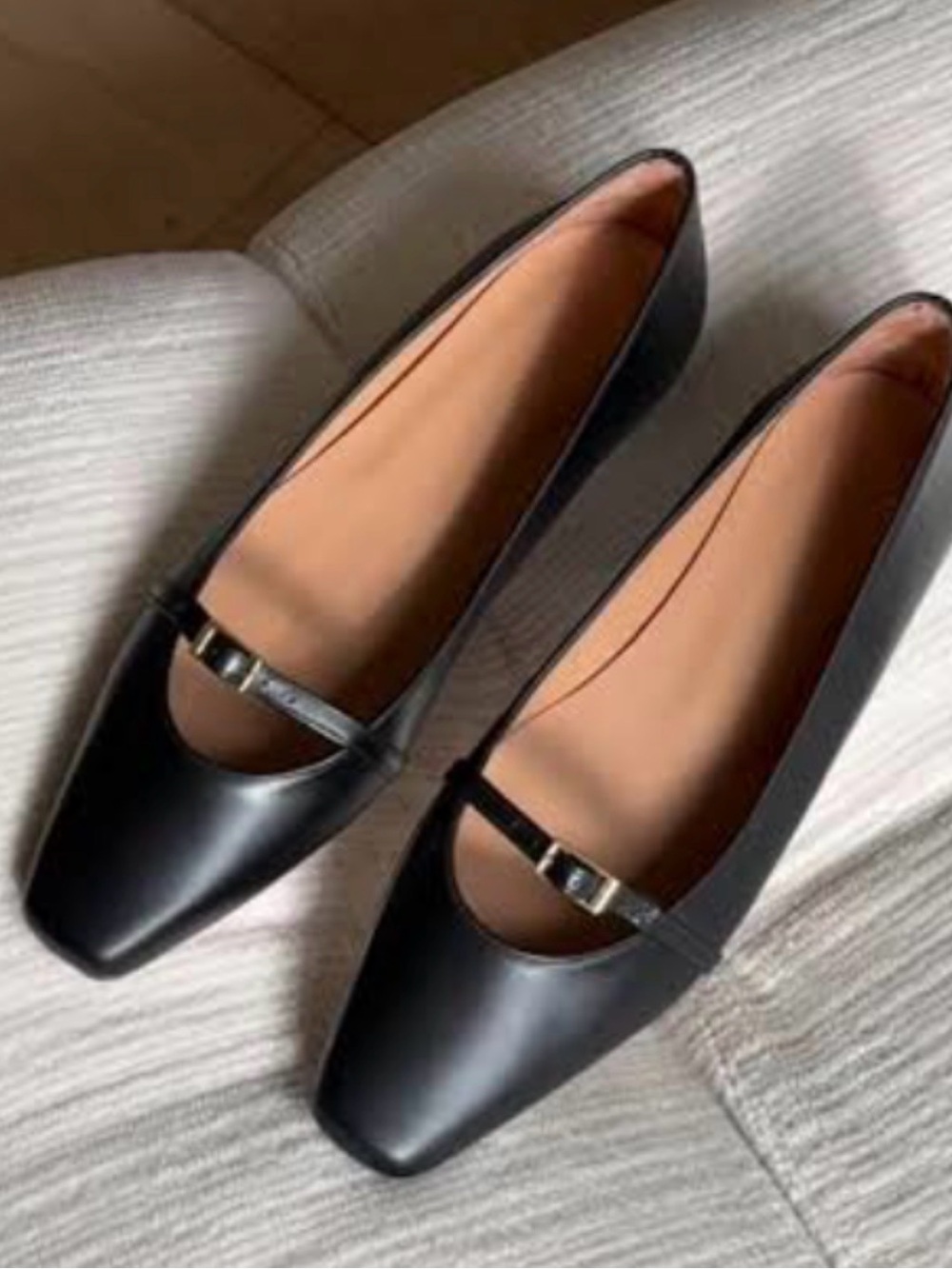 Flattered Black Leather Mary Jane Flats with Gold Buckle